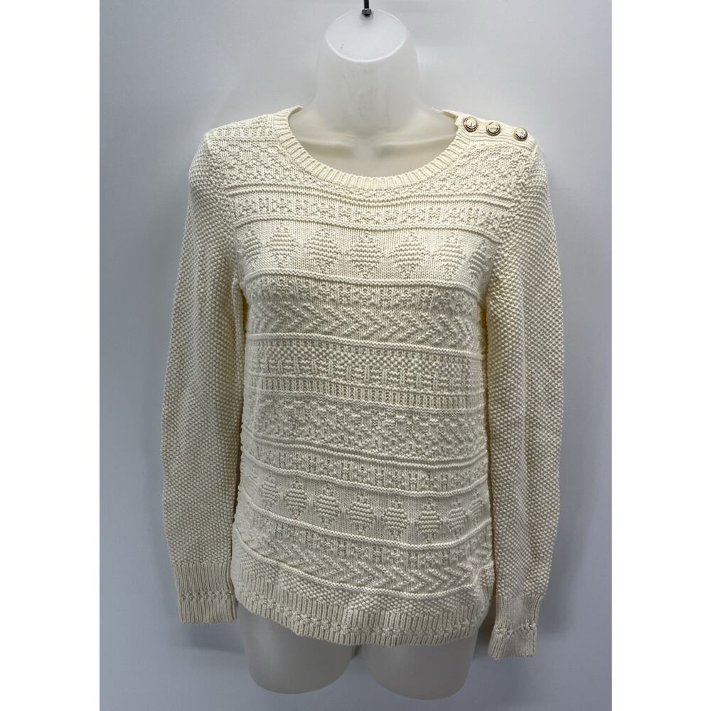 Talbots Womens Cream Textured Nautical Sweater Size XS Anchor Shoulder Buttons